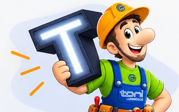 Ilustração do mascote Toni segurando uma letra iluminada
