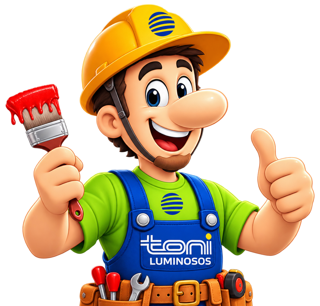 Toni, mascote da empresa, sorridente com capacete amarelo e pincel